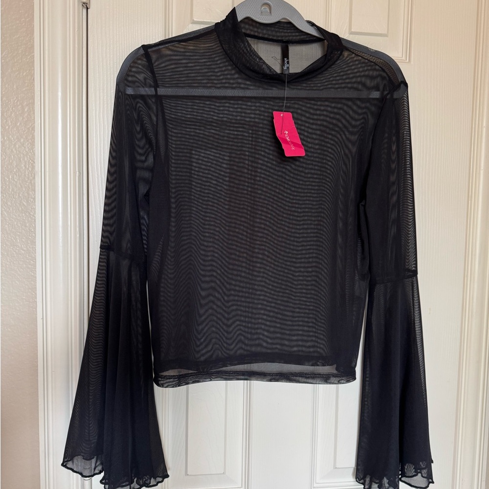 Sheer Black Mesh Bell-Sleeve Women's Top